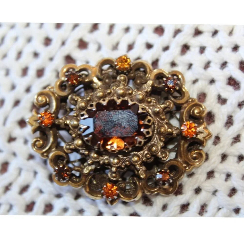 Vtg 80's Victorian Pendant & brooch Signed Hobe Had 20.7g Garnet Rhinestone - Picture 10 of 11